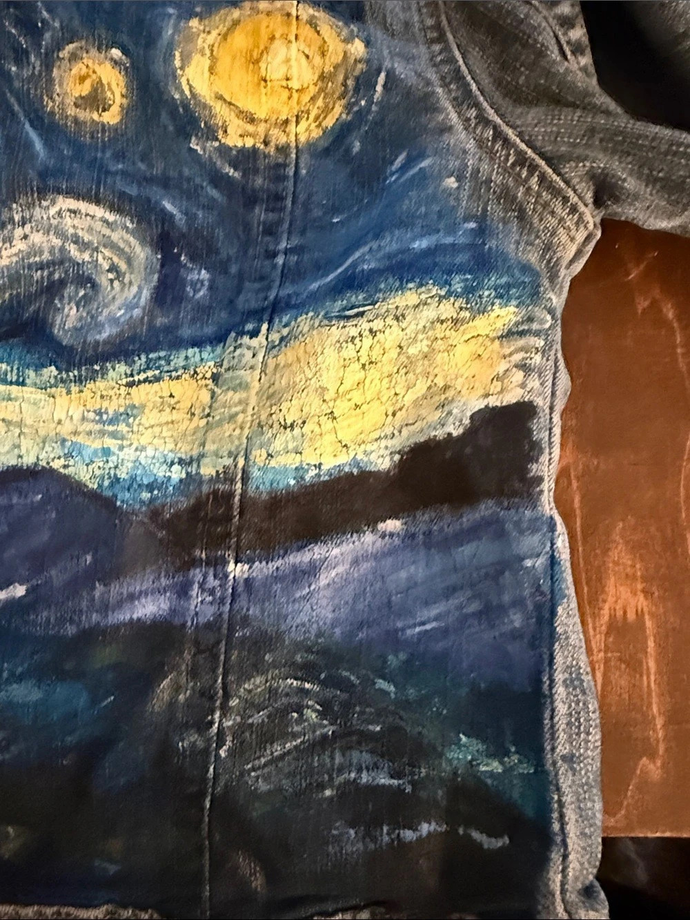 Hand painted Vincent van high starry night Jean jacket medium crop vintage 95 - Picture 4 of 8
